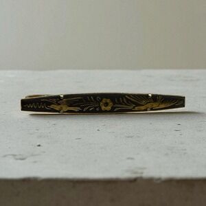 Damascene Tie Bar Clip Men's Gold Tone Black Floral Birds Vintage Unique MCM